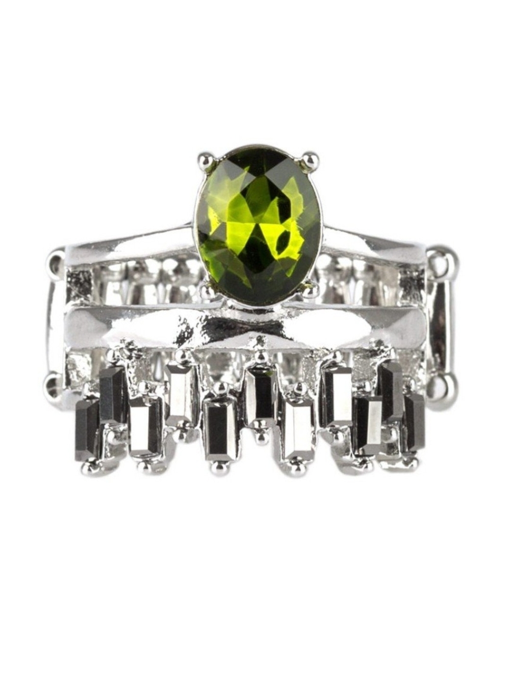Crowned Victor Teardrop paparazzi Olive Faceted Stone Silvertone Fringe Ring